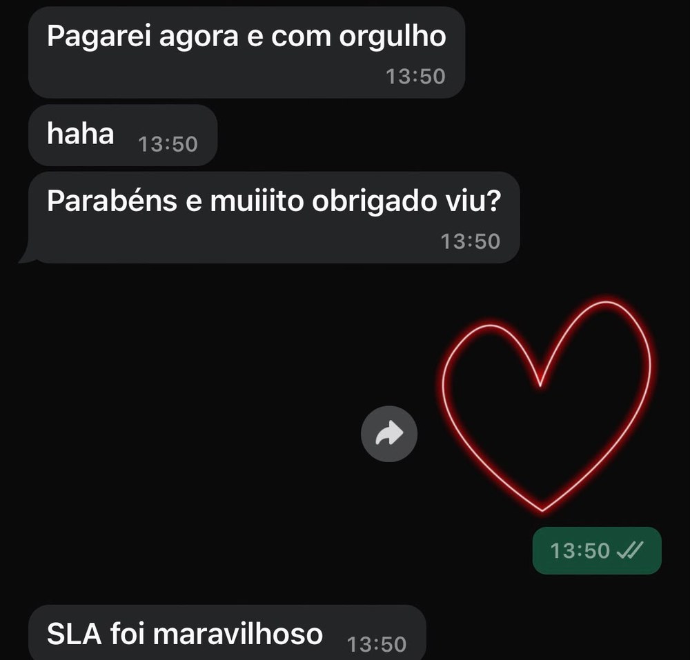 Mensagem de cliente: pagarei agora e com orgulho. Parabéns e muito obrigado. O SLA foi maravilhoso.